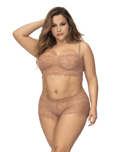 Ensemble 2 pièces en dentelle grande taille, top à bretelles et shorty couleur taupe 