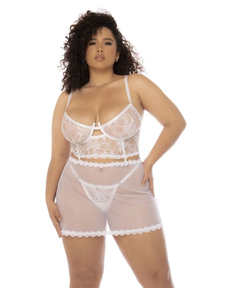 2 en 1 Nuisette et ensemble 2 pièces grande taille en dentelle et résille transparente 