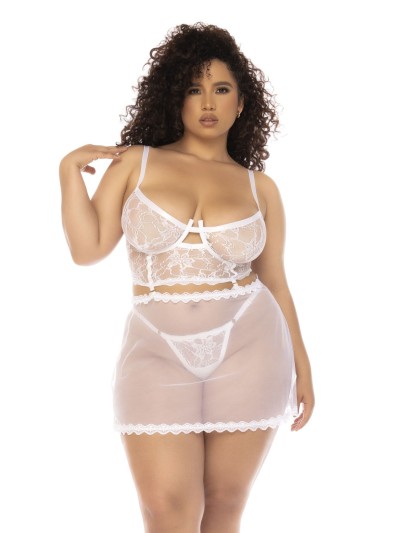 2 en 1 Nuisette et ensemble 2 pièces grande taille en dentelle et résille transparente 