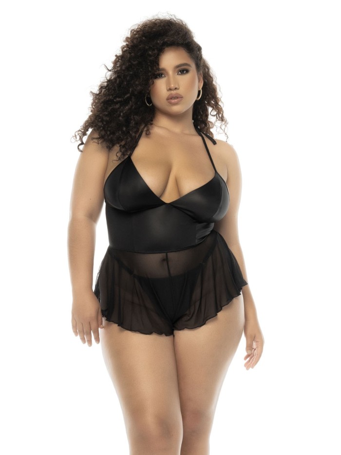 Body effet babydoll Pearl grande taille en wetlook noir et résille, bretelles réglables, zip fonctionnel au dos 