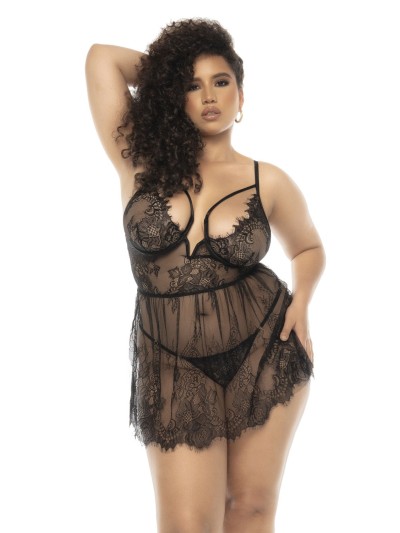 Nuisette noir Selma grande taille, en dentelle, avec armatures et string assorti inclus 