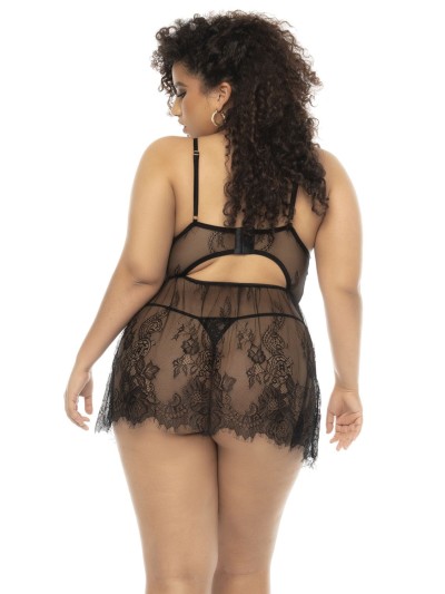 Nuisette noir Selma grande taille, en dentelle, avec armatures et string assorti inclus 