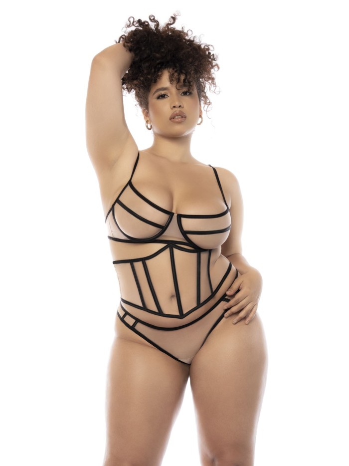 Ensemble 3 pièces noir et chair grande taille, soutien gorge avec armatures, serre taille et string 