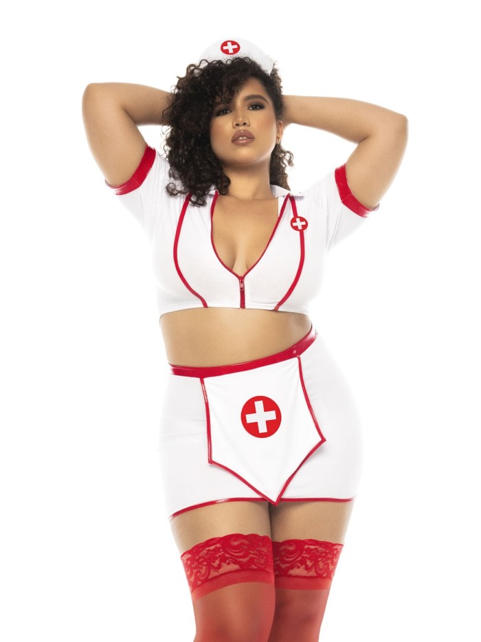 Costume infirmière 3 pièces grande taille, top avec zip fonctionnel, jupe et serre tête 