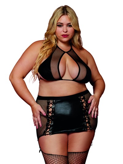 Soutien gorge et jupe porte jarretelles grande taille en résille et simili cuir 