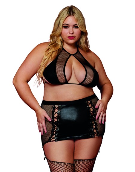 Soutien gorge et jupe porte jarretelles grande taille en résille et simili cuir 