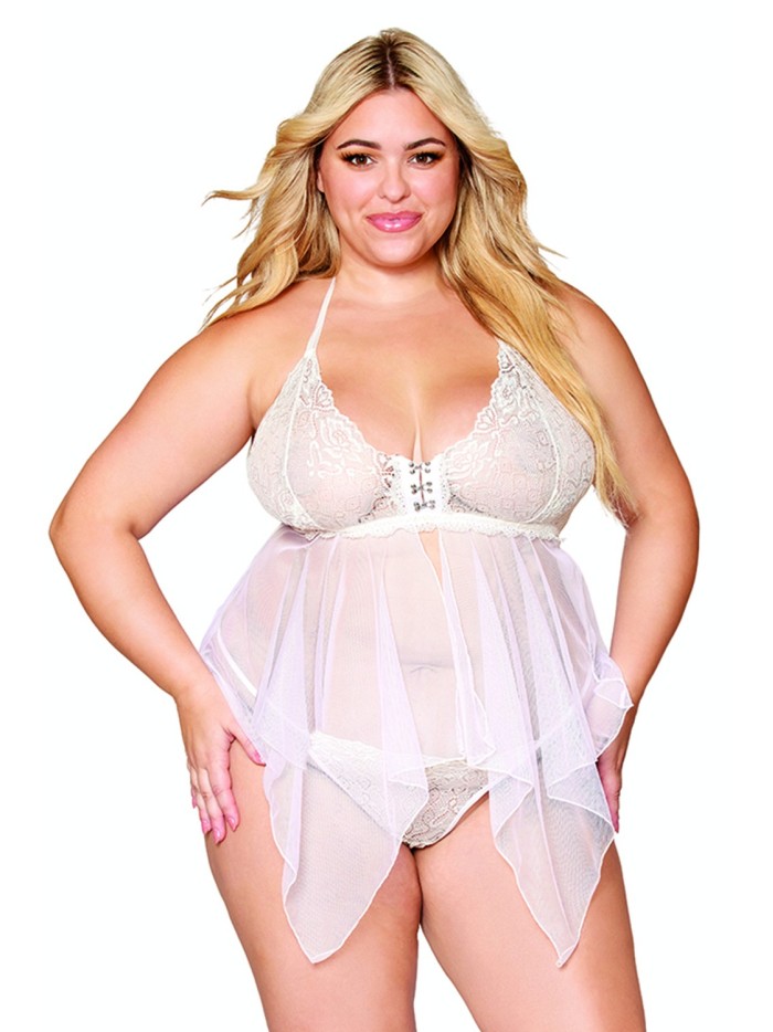 Babydoll et string grande taille en résille et dentelle blanche 