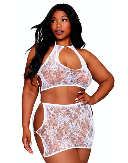 Ensemble 2 pièces grande taille top et jupe en résille fantaisie blanche 