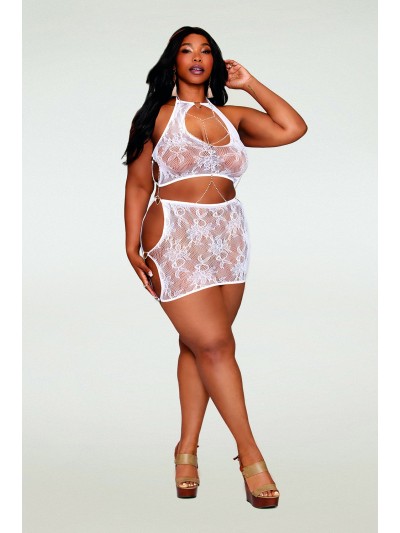 Ensemble 2 pièces grande taille top et jupe en résille fantaisie blanche 