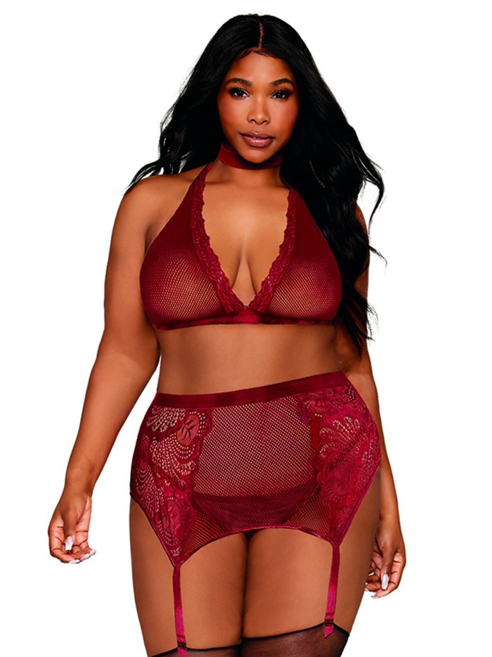 Ensemble 4 pièces grande taille soutien gorge, tour de cou, string et porte jarretelles rouge 