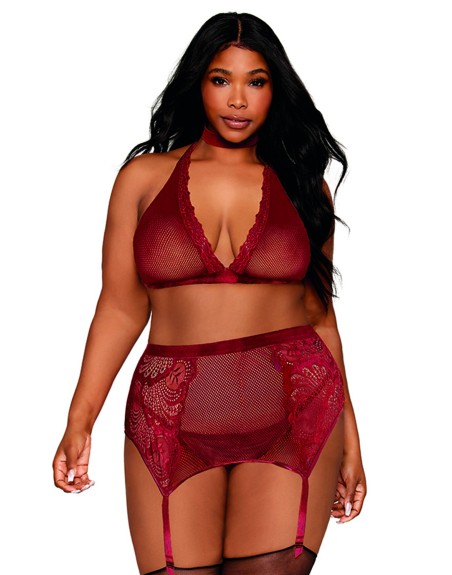 Ensemble 4 pièces grande taille soutien gorge, tour de cou, string et porte jarretelles rouge 