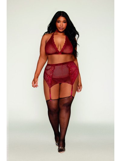 Ensemble 4 pièces grande taille soutien gorge, tour de cou, string et porte jarretelles rouge 