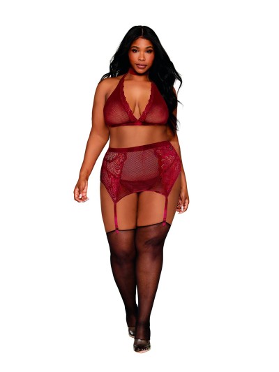 Ensemble 4 pièces grande taille soutien gorge, tour de cou, string et porte jarretelles rouge 