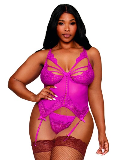 Bustier porte jarretelles grande taille rose avec string 