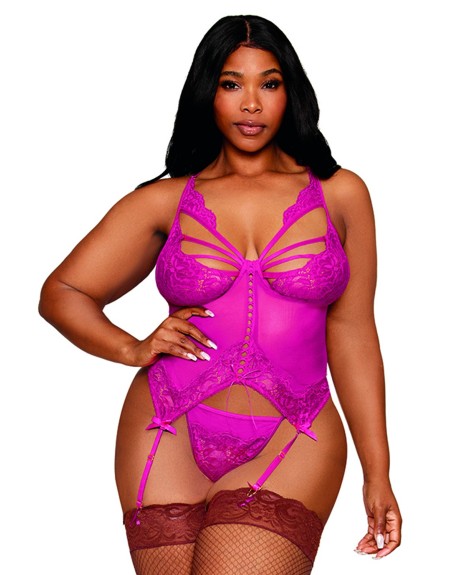 Bustier porte jarretelles grande taille rose avec string 