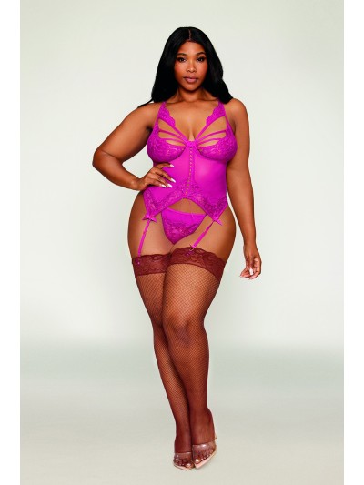Bustier porte jarretelles grande taille rose avec string 