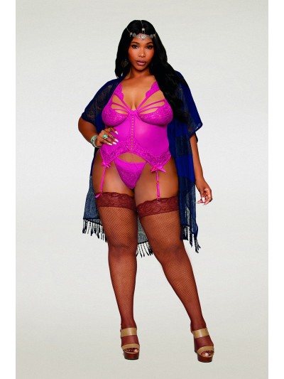 Bustier porte jarretelles grande taille rose avec string 