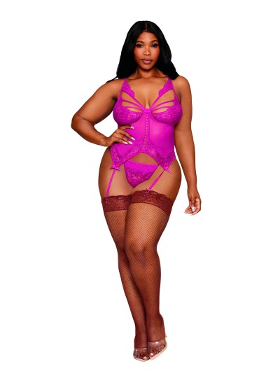 Bustier porte jarretelles grande taille rose avec string 