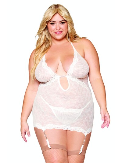 Guépière porte jarretelles blanche grande taille avec strass et string inclus 