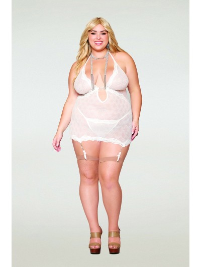 Guépière porte jarretelles blanche grande taille avec strass et string inclus 