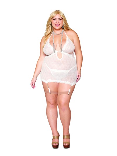 Guépière porte jarretelles blanche grande taille avec strass et string inclus 