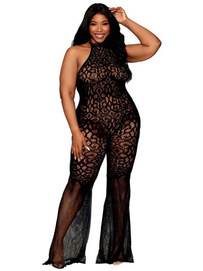 bodystocking en dentelle au crochet sans couture, grande taille, résille noire 
