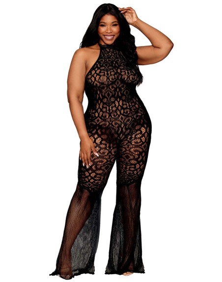 bodystocking en dentelle au crochet sans couture, grande taille, résille noire 