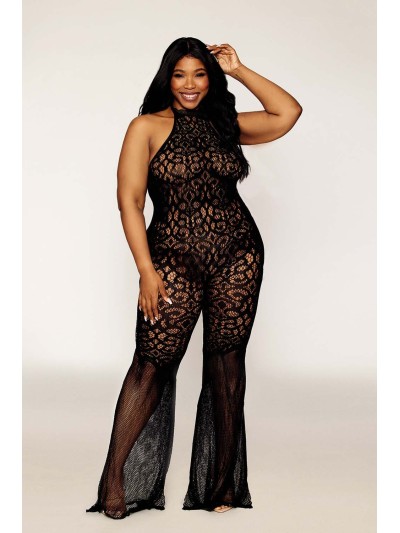 bodystocking en dentelle au crochet sans couture, grande taille, résille noire 