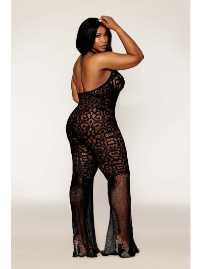 bodystocking en dentelle au crochet sans couture, grande taille, résille noire 