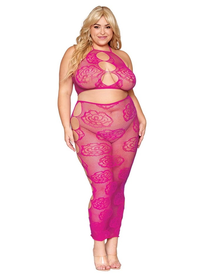 Ensemble Soutien-gorge et jupe longue en filet rose, grande taille 