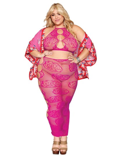 Ensemble Soutien-gorge et jupe longue en filet rose, grande taille 