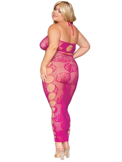 Ensemble Soutien-gorge et jupe longue en filet rose, grande taille 