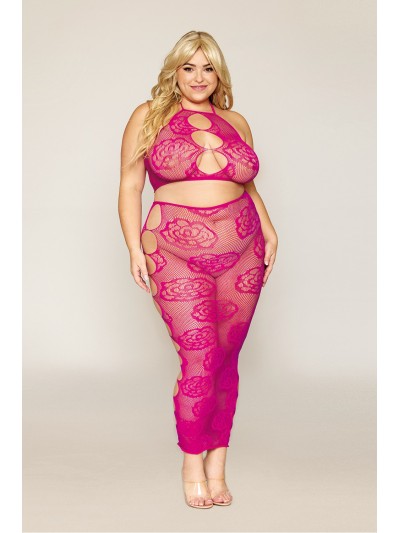 Ensemble Soutien-gorge et jupe longue en filet rose, grande taille 