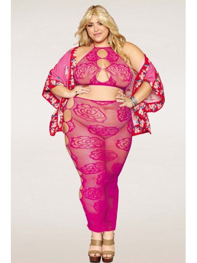 Ensemble Soutien-gorge et jupe longue en filet rose, grande taille 