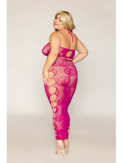 Ensemble Soutien-gorge et jupe longue en filet rose, grande taille 