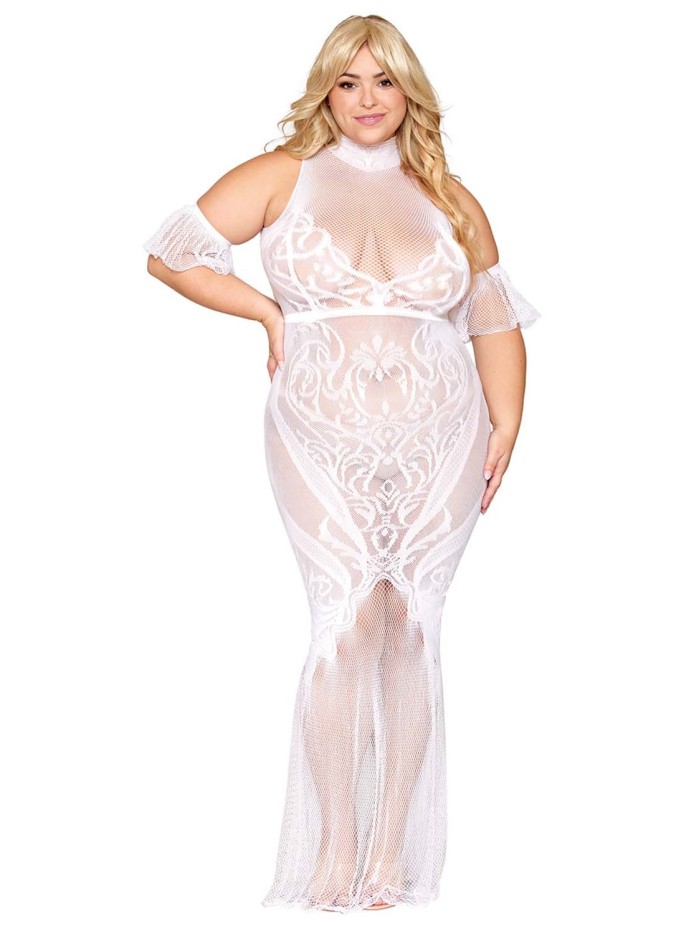 Robe bodystocking, grande taille, en résille t dentelle blanche 