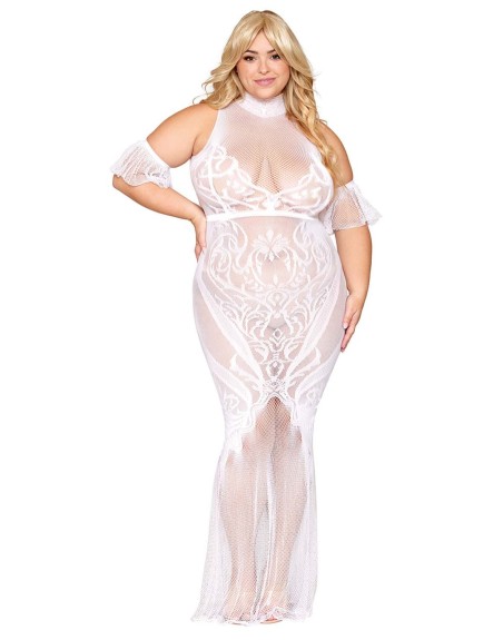 Robe bodystocking, grande taille, en résille t dentelle blanche 