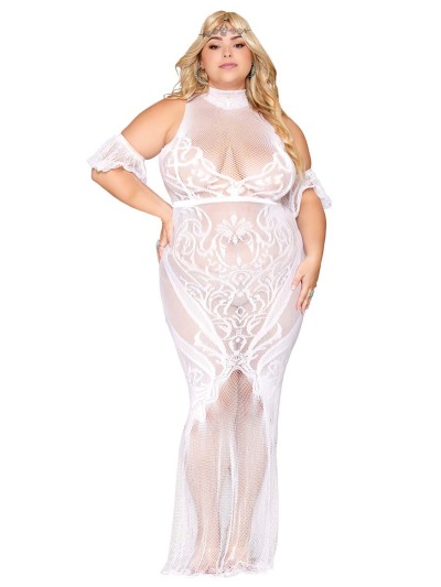 Robe bodystocking, grande taille, en résille t dentelle blanche 