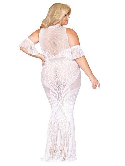 Robe bodystocking, grande taille, en résille t dentelle blanche 