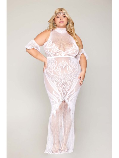 Robe bodystocking, grande taille, en résille t dentelle blanche 