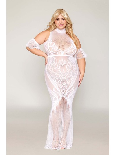 Robe bodystocking, grande taille, en résille t dentelle blanche 