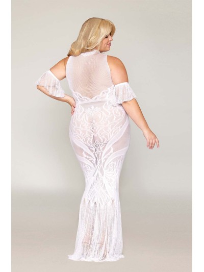 Robe bodystocking, grande taille, en résille t dentelle blanche 