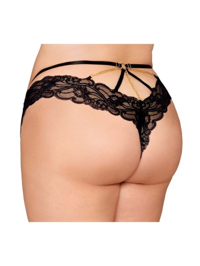 Culotte en dentelle noire, grande taille, avec lanières et chaines dorées 