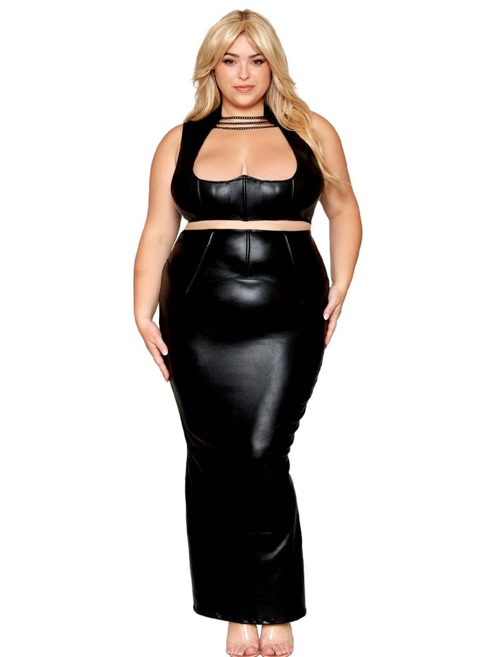 Ensemble Soutien-gorge et jupe longue, grande taille, noir en simili cuir 