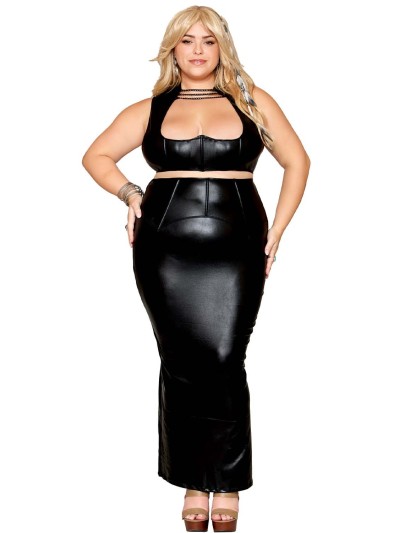 Ensemble Soutien-gorge et jupe longue, grande taille, noir en simili cuir 
