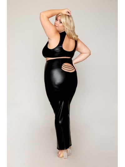 Ensemble Soutien-gorge et jupe longue, grande taille, noir en simili cuir 