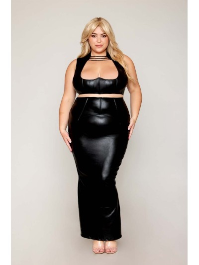Ensemble Soutien-gorge et jupe longue, grande taille, noir en simili cuir 