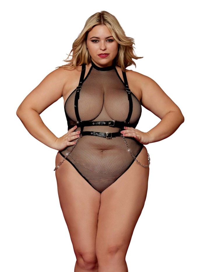 Body en résille, grande taille, avec Harnais simili cuir et chaines 