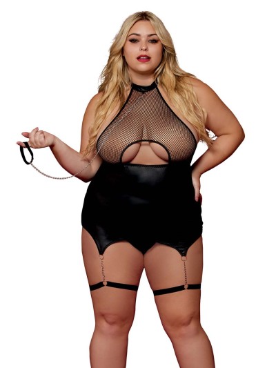 Body BDSM noir, grande taille, en maille avec corset / porte-jarretelles, simili cuir, intégré 