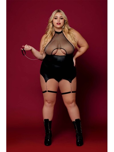 Body BDSM noir, grande taille, en maille avec corset / porte-jarretelles, simili cuir, intégré 